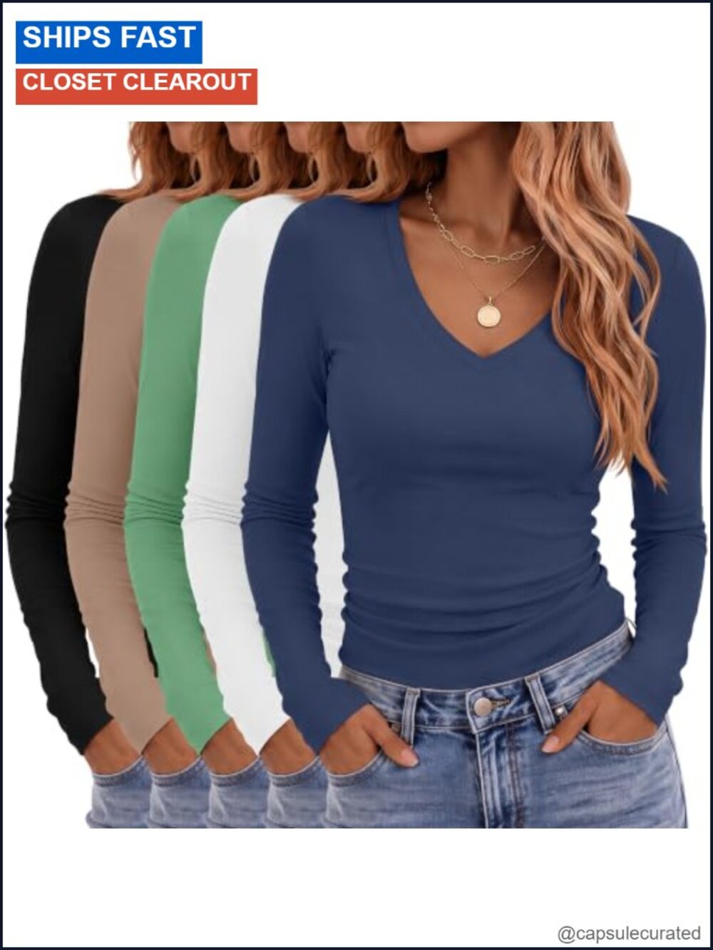 Women's V Neck Long Sleeve Slim Fit Cotton Blend Tee Tops 5 Pack